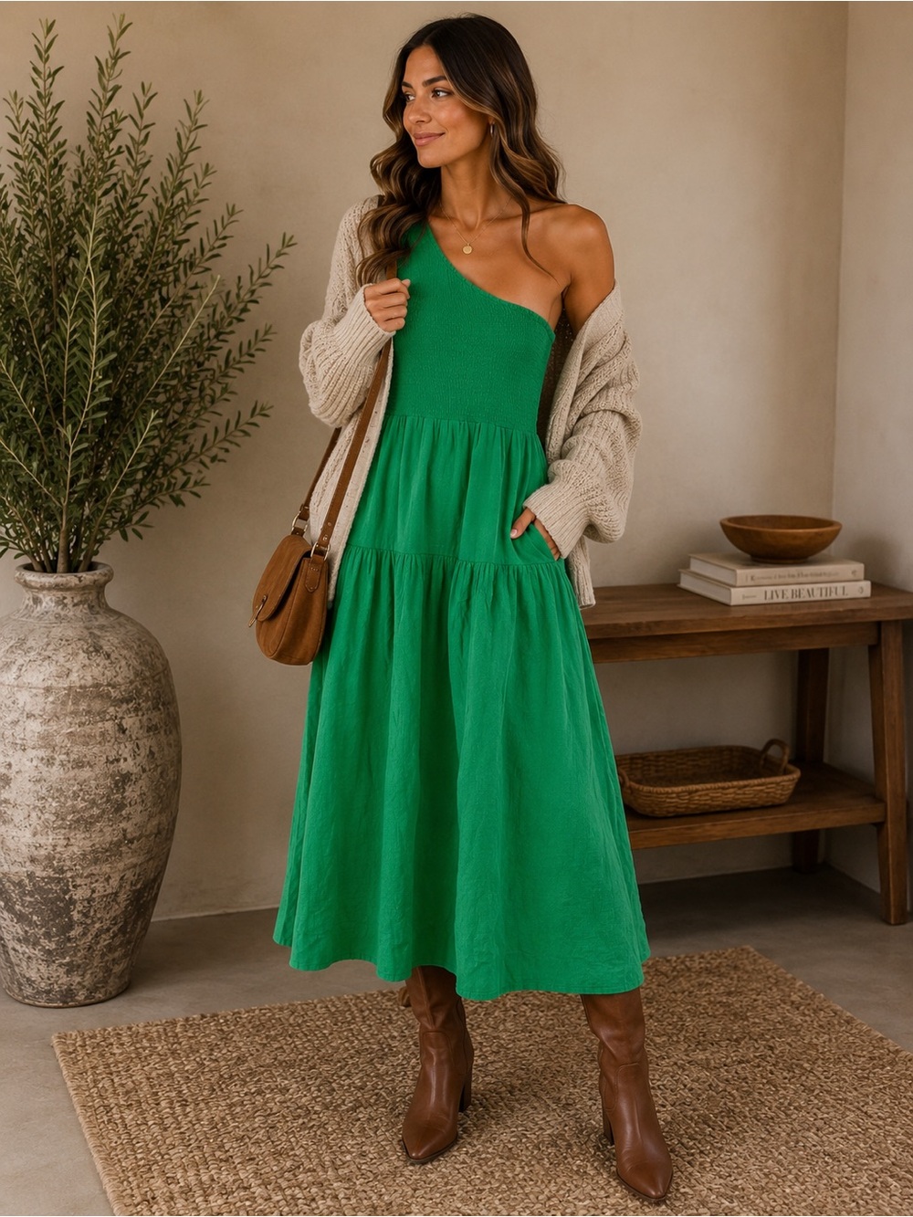 Elan Green One Shoulder Smocked Tiered Maxi Dress NWT Size Large